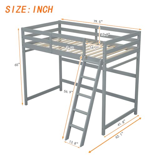 Wooden Twin Loft Bed Frame, High Loft Bed Frame Twin Wooden Loft Bed for Kids, Junior, Teens, Adults Single Bed, Easy Assembly, Space-Saving Design, No Box Spring Needed (White)