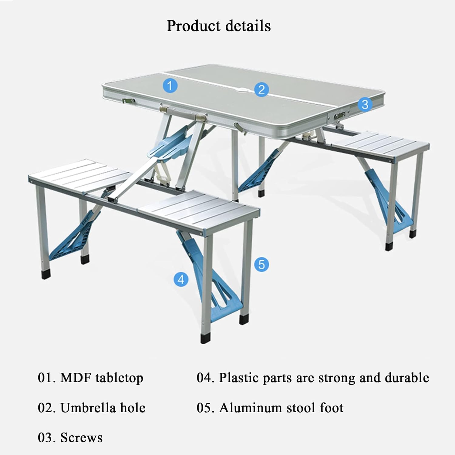 JOZZY Outdoor Garden Bench,Portable Foldable Picnic Table, Children‘s Camping Table with 4 Seats and Umbrella Holes, Four-Person Folding Camping Table Compact Aluminum Travel Suitcase Picnic Table