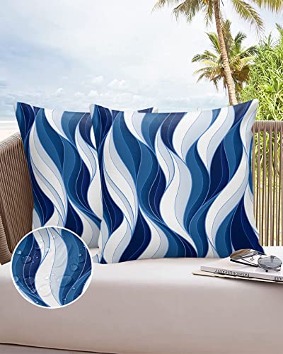 Outdoor Pillow Covers 26 x 26 Inches, Navy Blue Geometric Waterproof Throw Pillow Cover Set of 2, Modern White Moire Abstract Art Home Decorative Square Cushion Covers for Patio/Tent/Couch/Garden