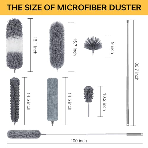 Dusters for Cleaning, 7Pcs Microfiber Duster with Extension Pole Up to 100Inches, Machine Washable Ceiling Fan Cleaner Duster for Cleaning Cobweb, Blinds, Furniture