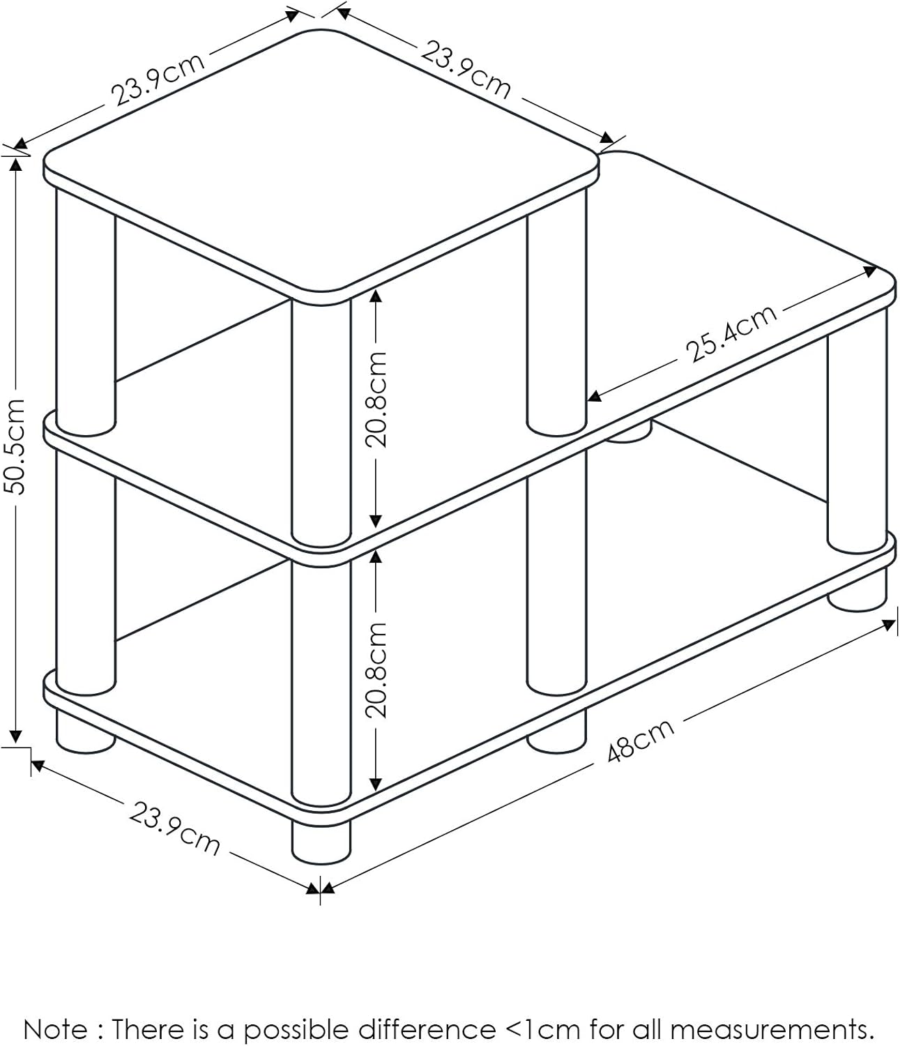 Furinno Turn-N-Tube Accent Decorative Shelf, Espresso/Black Just 3-Tier Turn-N-Tube End Table/Side Table/Night Stand/Bedside Table with Plastic Poles, 1-Pack, White/White