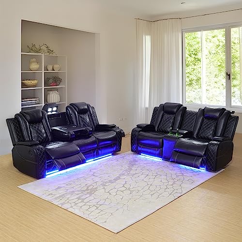 Power Leather Recliner Sofa Set with LED Lights,Living Room Furniture Set, Breathing Leather Sofa Set with USB Port/Storage Console/Cup Holders (3 Pieces Reclining Sofa Set, Cream White)