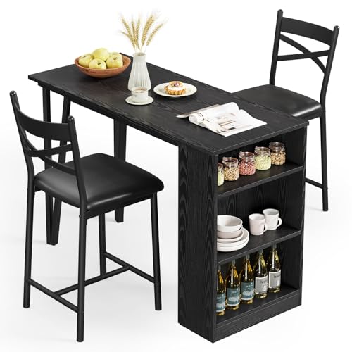 GAOMON Dining Table Set for 2, Kitchen Bar Table and Chairs for 2, 3-Piece Kitchen Table Set with 2 Upholstered Chairs, Expandable Counter Height Bar Table Set with 3 Storage Shelves, Black
