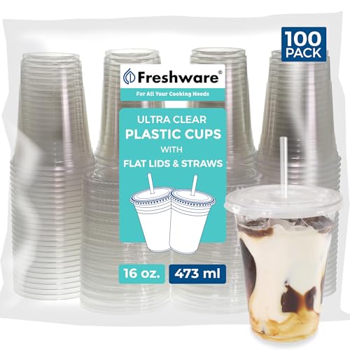 Freshware 20 oz Clear Disposable Plastic Cups with Flat Lids and Straws, 100 Pack Clear Plastic Cups Tumblers, Heavy-duty Party Glasses, Disposable Cups for Thanksgiving, Halloween, Christmas Party