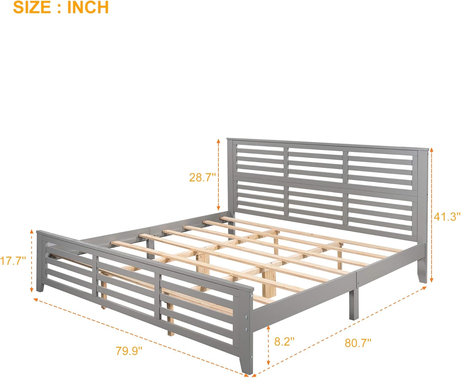 King Size Wood Platform Horizontal Strip Hollow Shape Headboard, with Spacious Underbed Storage,No Box Spring Needed, Easy Assembly Bed Frame, Gray