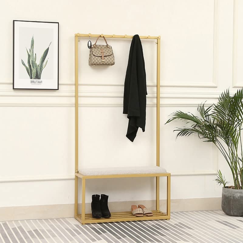 Coat Rack Entryway Hall Tree Heavy Duty Stand Coat Rack With Storage Bench Hooks Shoe Shelf Industrial Furniture With Stable Metal Frame Clothing Store Home Bedroom (Gold+grey 80x3