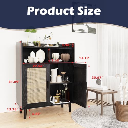 Ratten Buffet Cabinet with Storage,Mobile Bathroom Storage Cabinet with Wheels, Accent Sideboard Cabinet with Drawer for Hallway, Entryway, Living Room,Black