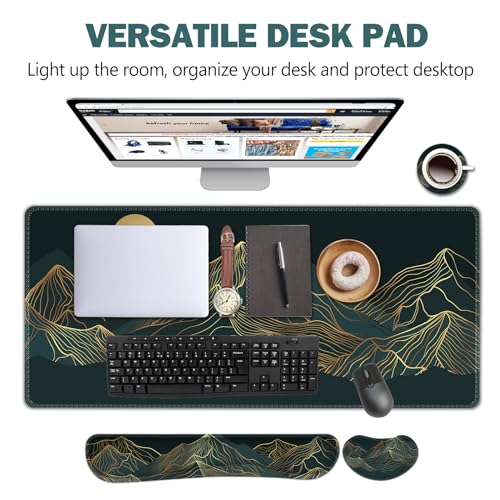 AIMSA Large Gaming Mouse Pad Set, Keyboard Wrist Rest Support + Extended Mouse Pad + Mouse Wrist Cushion + Coaster, Ergonomic Memory Foam Multifunctional Desk Mat 35x15.7inch (Forest Moon Sky)