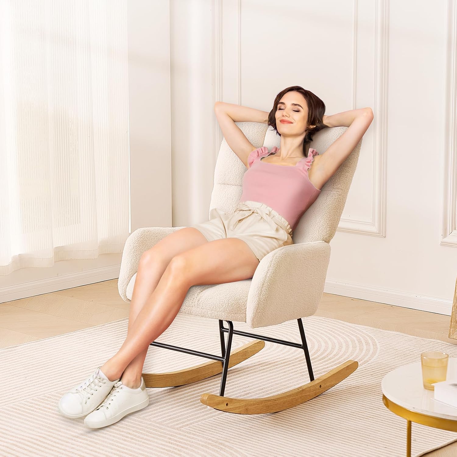 VEVOR Nursery Rocking Chair Features a Comfortable Soft Seat and Supportive High Backrest, Teddy Fabric, Upholstered Glider for Bedroom, Living Room, Holds up to 250 lbs, in Ivory White