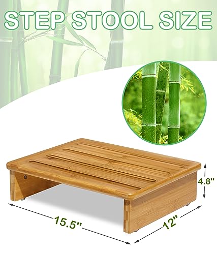 Bamboo Safety Stool Wood One Step Stool Mobility Half Step Stool Stepping Stool Foot Stool Natural Color with Solid Wood for Stairs Bed Kitchen Bathroom Cars for Adults Seniors and Kids Training