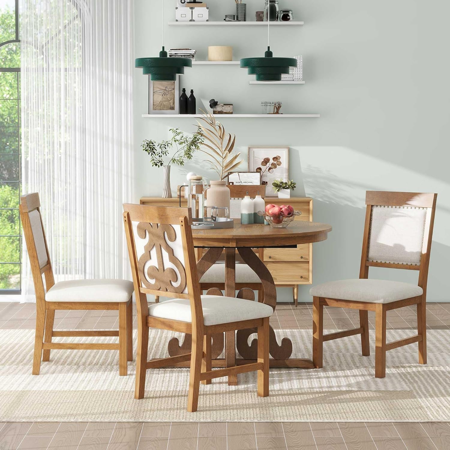 YUNLife&Home 5-Piece Retro Extendable Dining Table Set, 16-inch Leaf and 4 Upholstered Chairs for Diningroom and Kitchen, 42