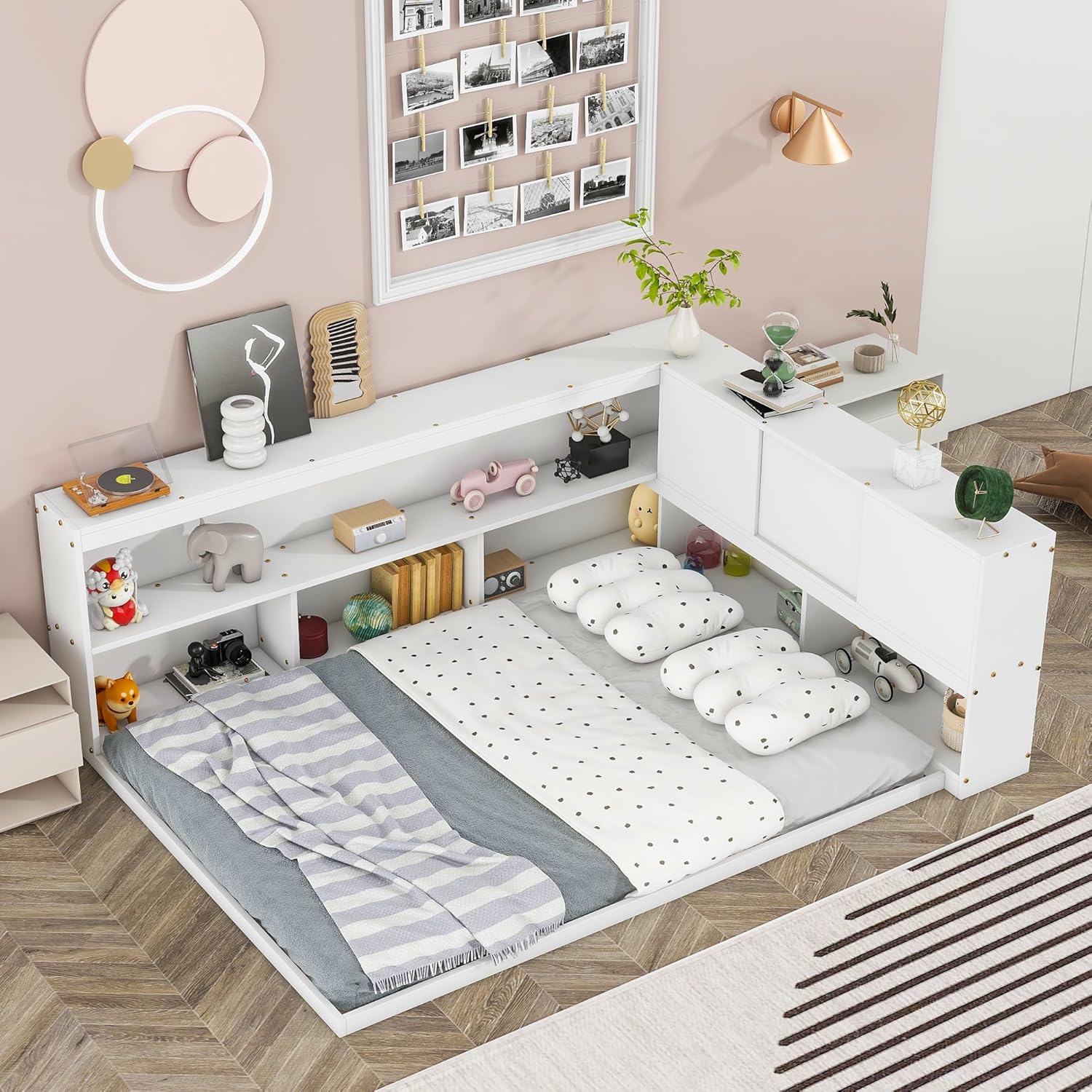 Full Size Floor Bed with L-Shaped Bookcases, Full Bed Frame with Sliding Doors at Headboard for Bedroom Guestroom, Without Slats, White