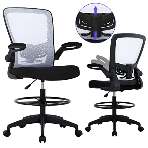 Drafting Chair Tall Office Chair Mesh Mid-Back Executive Computer Chair Ergonomic Standing Desk Chair with Lumbar Support Adjustable Foot Ring and Flip-Up Arms, White