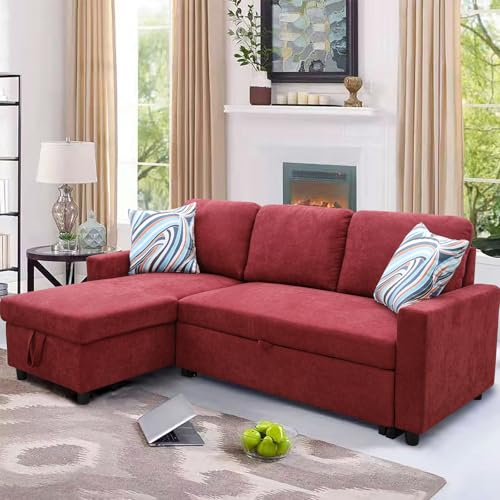Cotton and Linen L-Shaped Reversible Sleeper Sectional Sofa with Pull-Out Bed - 83