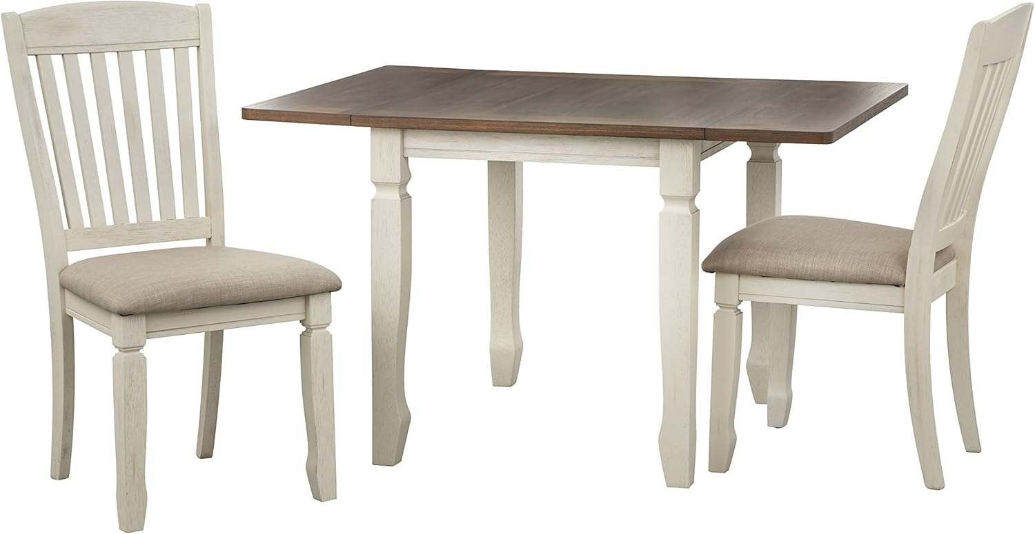 Macallister 3-Piece Drop Leaf, Tabletop Extends from 30 to 50 Inches Long, Modern Farmhouse Design, Dining Room Set Includes 1 Table and 2 Chairs, Walnut/Antique White