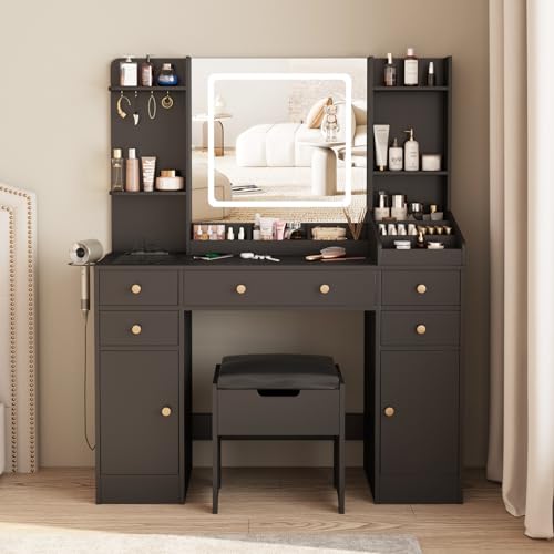 Vabches Vanity Desk with Lights, Makeup Vanity Table with Charging Station, 44.9in Big Vanity Set with 5 Drawers & Lots Storage Space, White