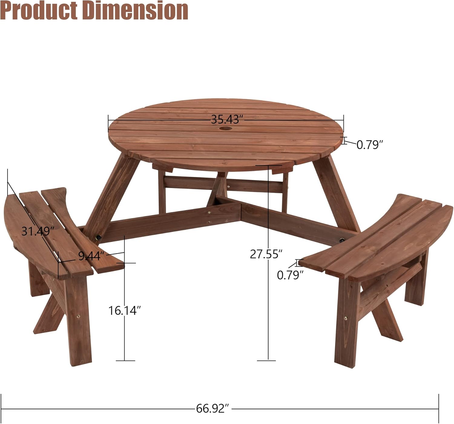 6-Person Outdoor Round Picnic Table,Circular Outdoor Table and Chairs,Outdoor Round Table,Wooden Picnic Tables for Outdoors,Patio Picnic Table with 3 Built-in Benches,1720lb Capacity - Brown