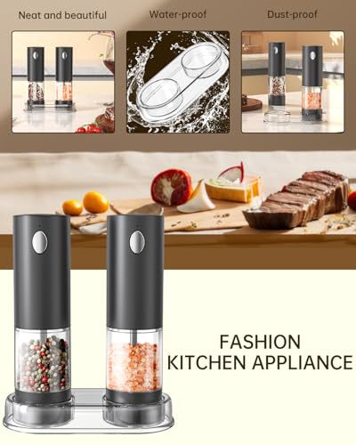 CIRCLE JOY Electric Salt and Pepper Grinder Set Automatic Salt and Pepper Grinder Set with Easy-to-Carry Charging Base and LED Light, Adjustable Coarseness, USB Rechargeable, Washable Container, Black
