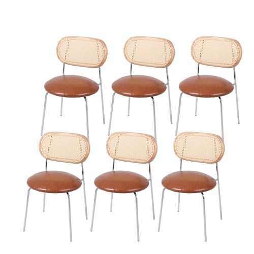 Danxee PU& Rattan Dining Chairs, Industrial Dining Chair with Silver Metal Legs, Leisure Upholstered Dining Chairs, Accent Desk Chair for Dining Room, Kitchen, Vanity, Living Room(Brown Set of 2)