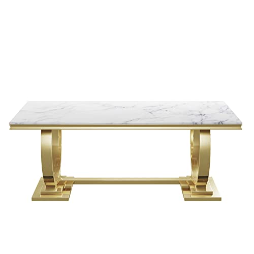 Henf White Marble Dining Table Set for 6, 7 Piece Modern Faux Marble Kitchen Dining Table and 6 Grey Velvet Upholstered Chairs w/Stainless Steel Legs, Luxury Gold Kitchen Dining Table and Chairs Set