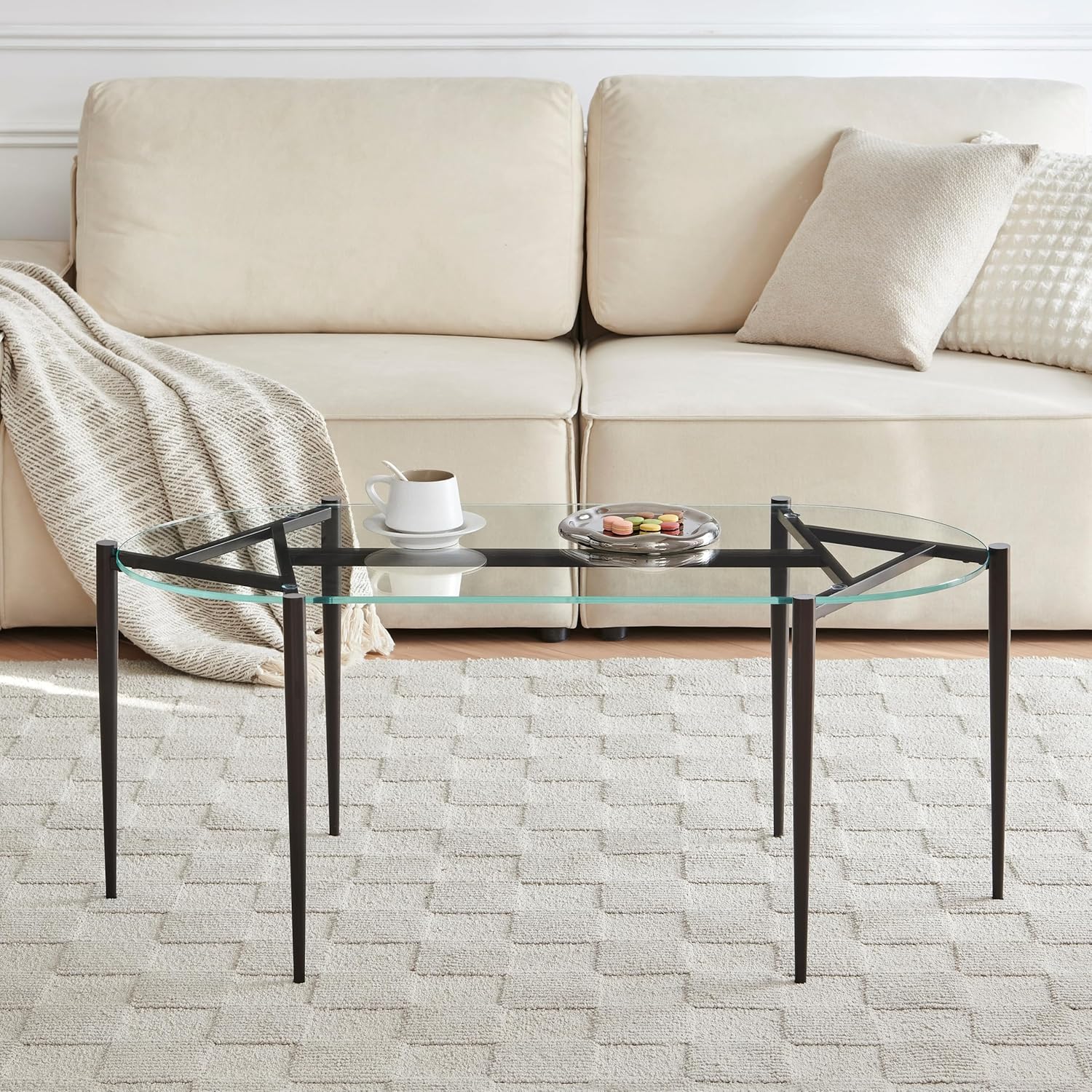 AGV LIGHTING 202311 Glass Coffee Table, Modern Design for Living Space, L40 x W20 x H17, Clear Glass Top & Matte Black Finish Metal Frmae