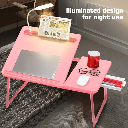 Plus XL Adjustable 17in Laptop Desk with Light, USB Port, iPad Holder, Drawer Storage - Larger 23.6IN Adjustable Lap Desk for Bed, Home Office, Breakfast Tray, Fordable Legs Desk (Pink)
