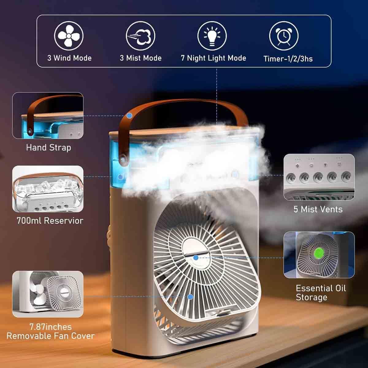 KoolBreeze 4-in-1 Portable Oasis, Personal Air Cooler, Portable Air Conditioner Fan with 7 Colors LED Light, 1/2/3 H Timer, 3 Wind Speeds and 3 Spray Modes
