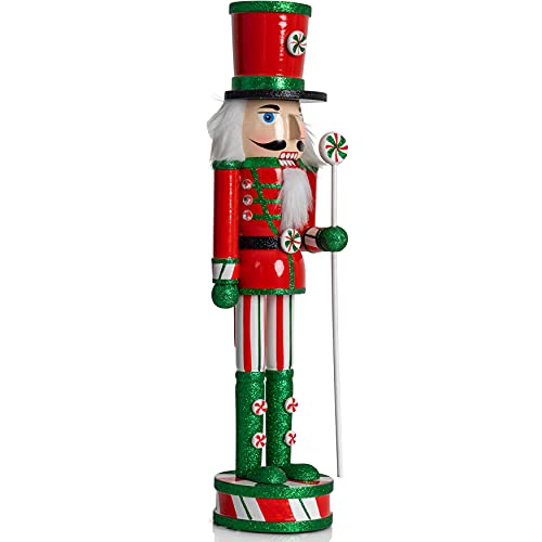 Ornativity Wooden Peppermint Christmas Nutcracker - Red, White and Green Glitter Candy Themed Xmas Holiday Nut Cracker Doll Figure Toy Soldier Decorations 15
