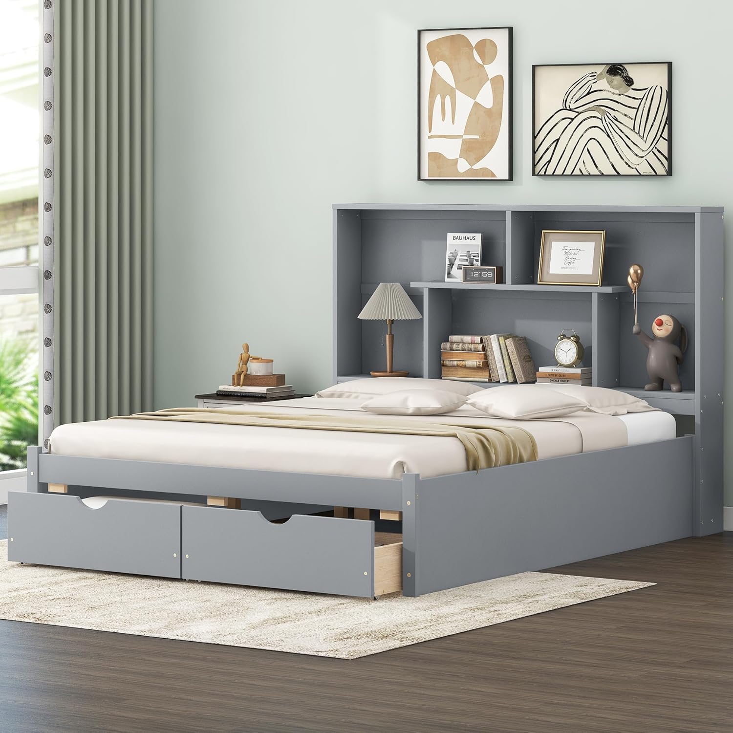 Queen Size Bed Frame, Wooden Platform Bedframe with Bookcase Headboard and 2 Storage Drawers, No Box Spring Needed, Gray