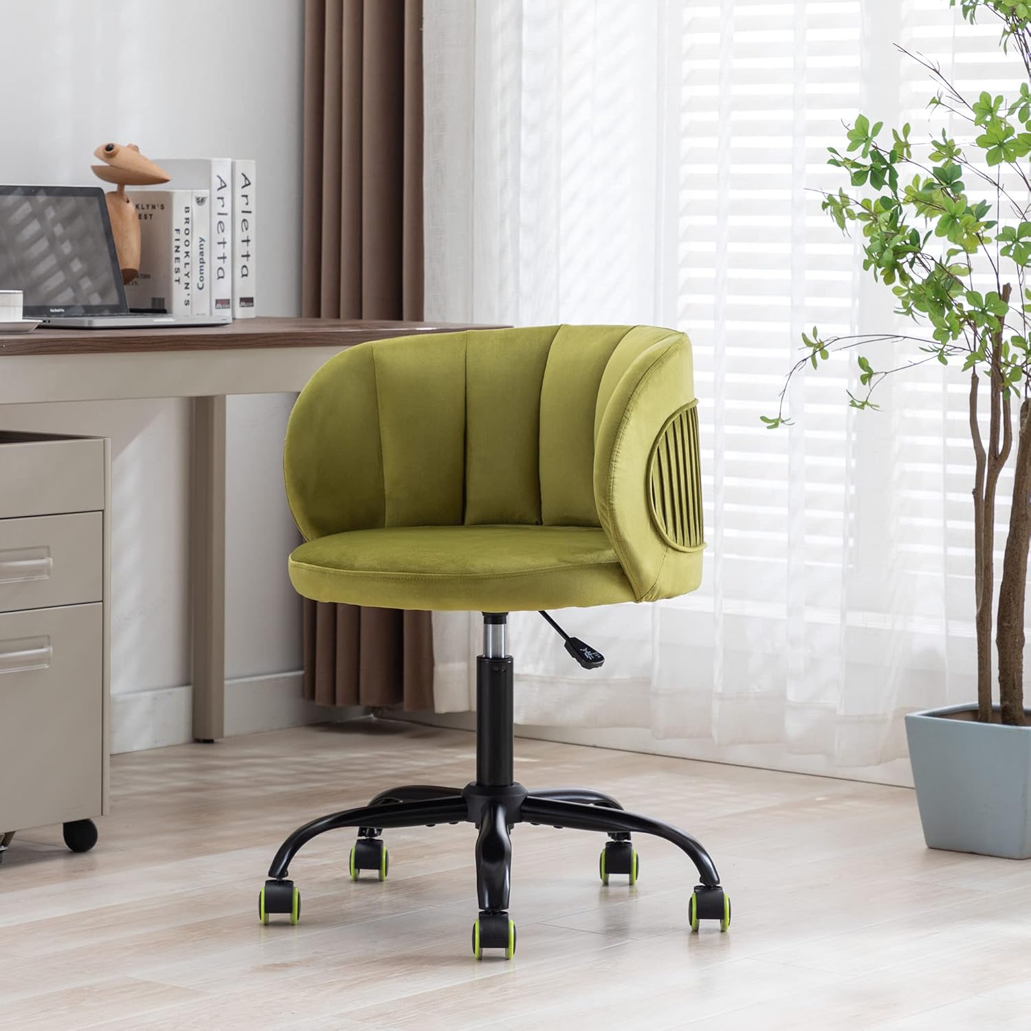 Modern Velvet Fabric Office Chair, 360° Swivel, Height Adjustable, Comfortable Upholstered Accent Chair, Olive Green