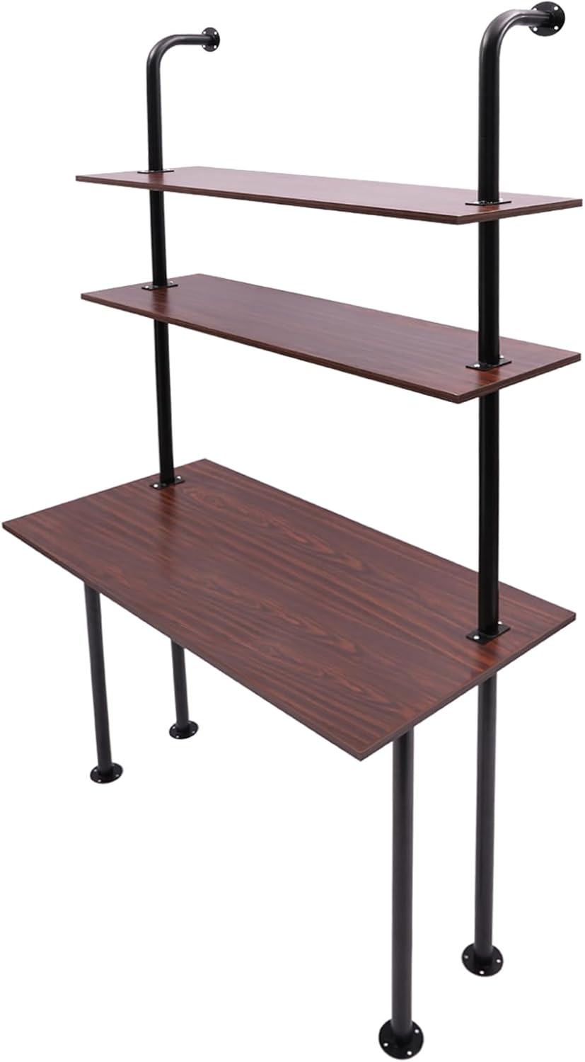 3-Tier Wall Mounted Desk, Floating Desk for Wall Industrial Floating Ladder Desk Shelf Desk Wall Organizer to Use As Working, Writing with Power Strip & Adhesive Hook