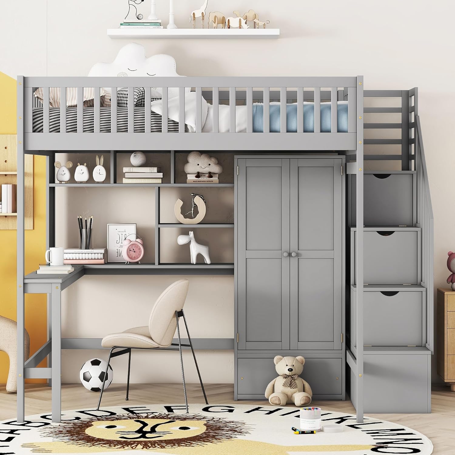 Multifunctional Full Size Loft Bed with Stairs Storage,Built-in Desk,Wardrobe,Drawers and Bookshelf,Wooden High Loftbed Frame for Kids Teens Adults Bedroom,Full,Gray