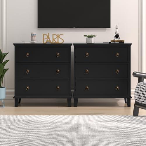 27.6 Inch Wide Nightstand Set of 2 with Charging Station, 3 Drawers Nightstand for Bedroom, Wooden Black Large Bedside End Table for Living Room, Bedroom, Study, Office