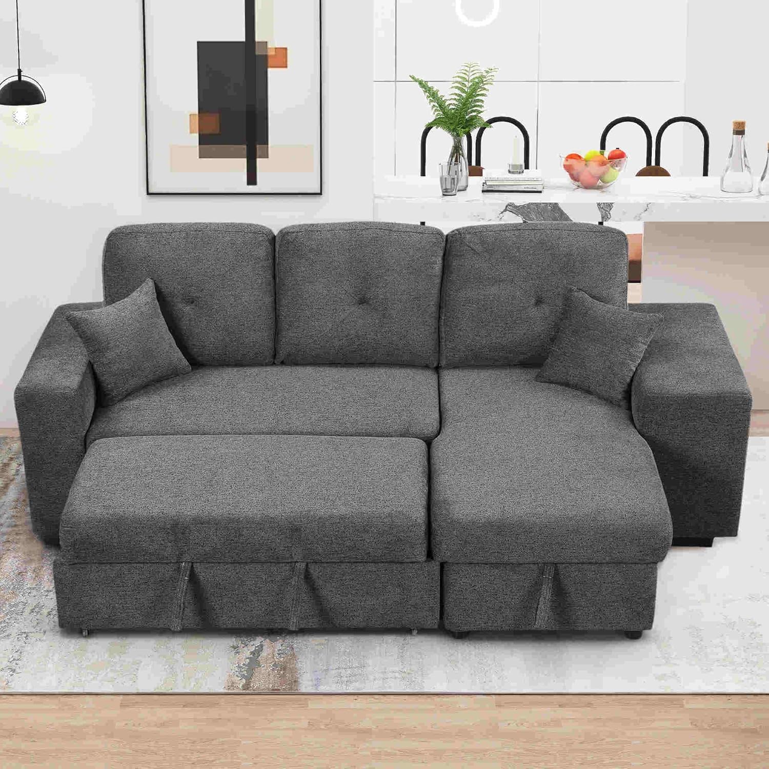 Convertible L-Shaped Sofa Bed with Storage, Modular Couch Set Includes 2 Ottomans - Stylish Sleeper Futon for Living Room, Apartment, and Small Spaces - Comfortable Velvet Upholstered