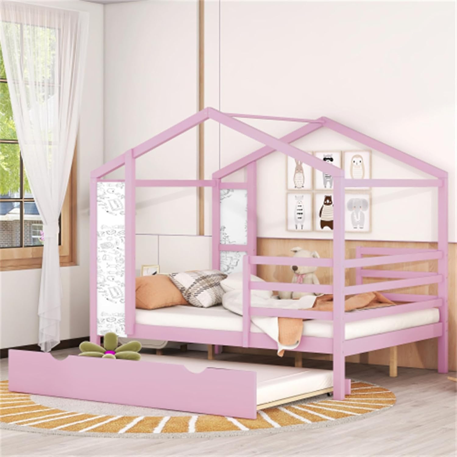 Simple Wooden Full Size Log Cabin Bed Frame with Trundle Bed with Fence and Writing Board, Pink
