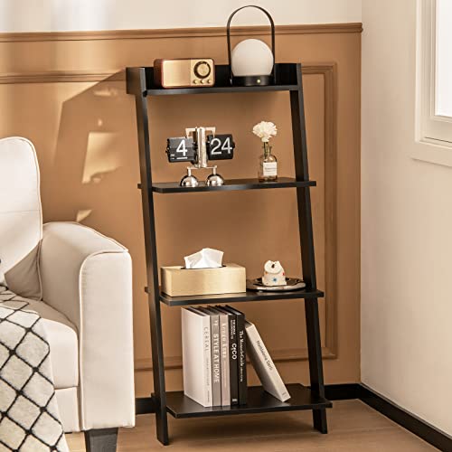 Giantex 4-Tier Wooden Ladder Shelf - Wall Leaning Storage Shelves with Anti-toppling Device, Anti-falling Baffles, Ladder Bookshelf Organizer for Living Room, Bedroom, Small Place, Black