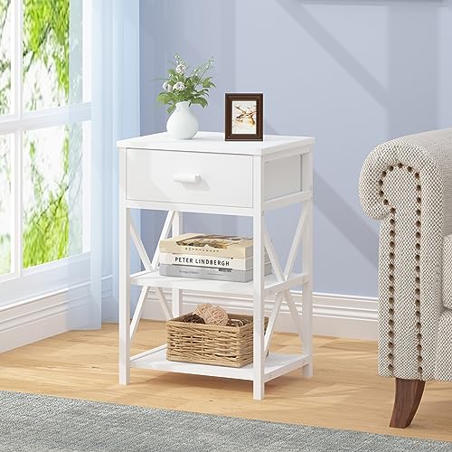 LVB Farmhouse Night Stand with Drawer, Small Industrial End Table with Storage Shelf, Minimalist Narrow Slim Wood Metal Side Table Set, Thin Nightstand for Bedroom Living Room Office, Light Grey, 16In