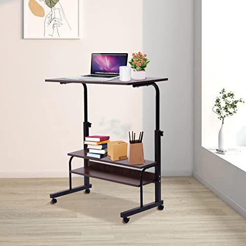 Standing Desk - 2 -Tier Rolling Computer Desk Study Writing Work Table Printer Shelf Home Office Adjustable Height Portable and Modern Suitable for Office, Dormitory, Bedroom (Brown)