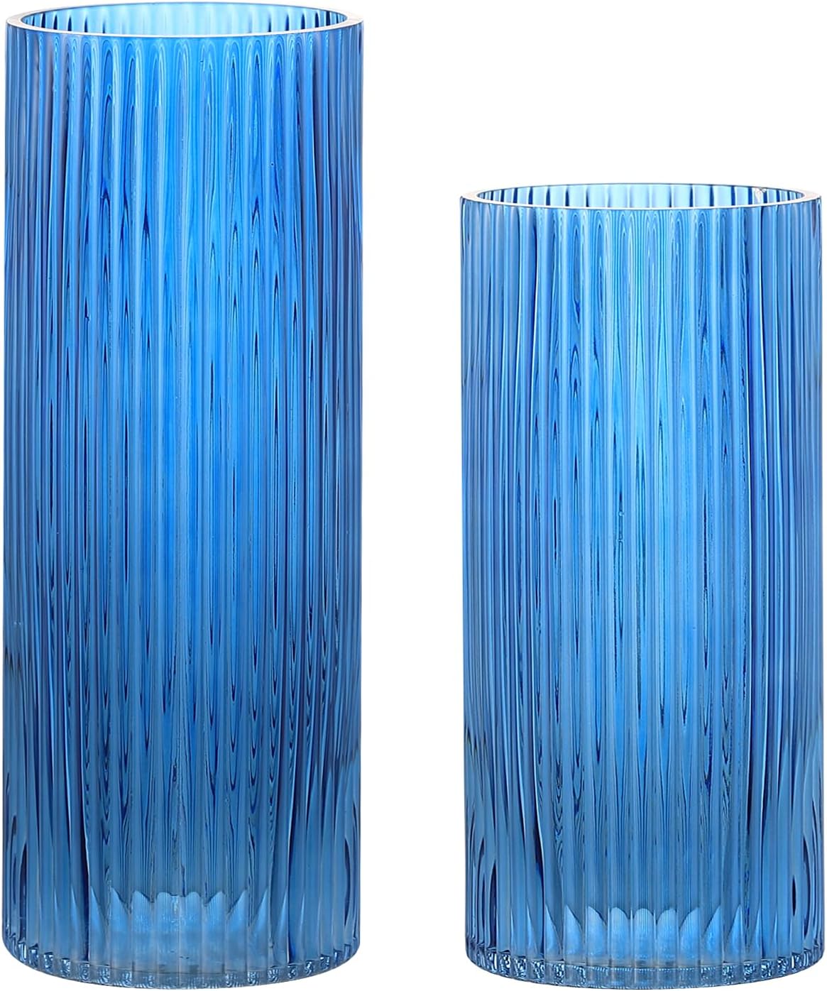Blue Glass Vases, Glass Flower Vase Set of 2, Ribbed Glass Vase, Blue Vase, Tall Cylinder Glass Vases for Centerpieces, Living Room, Bedroom, Dining Table, Office, Wedding, Bookshelf Decoration