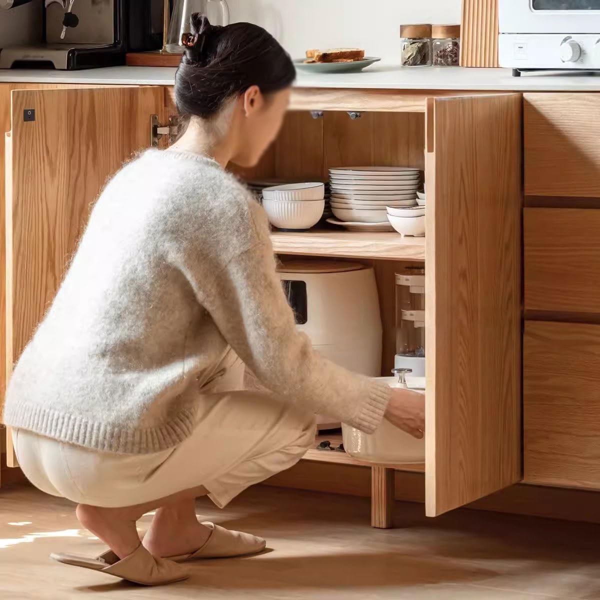 Sideboard Cabinet Solid Wood Slate Sideboard Modern Wall Storage Cabinet Restaurant Oak Tea Cabinet Kitchen Storage Cabinets Buffet Cabinet with Storage,