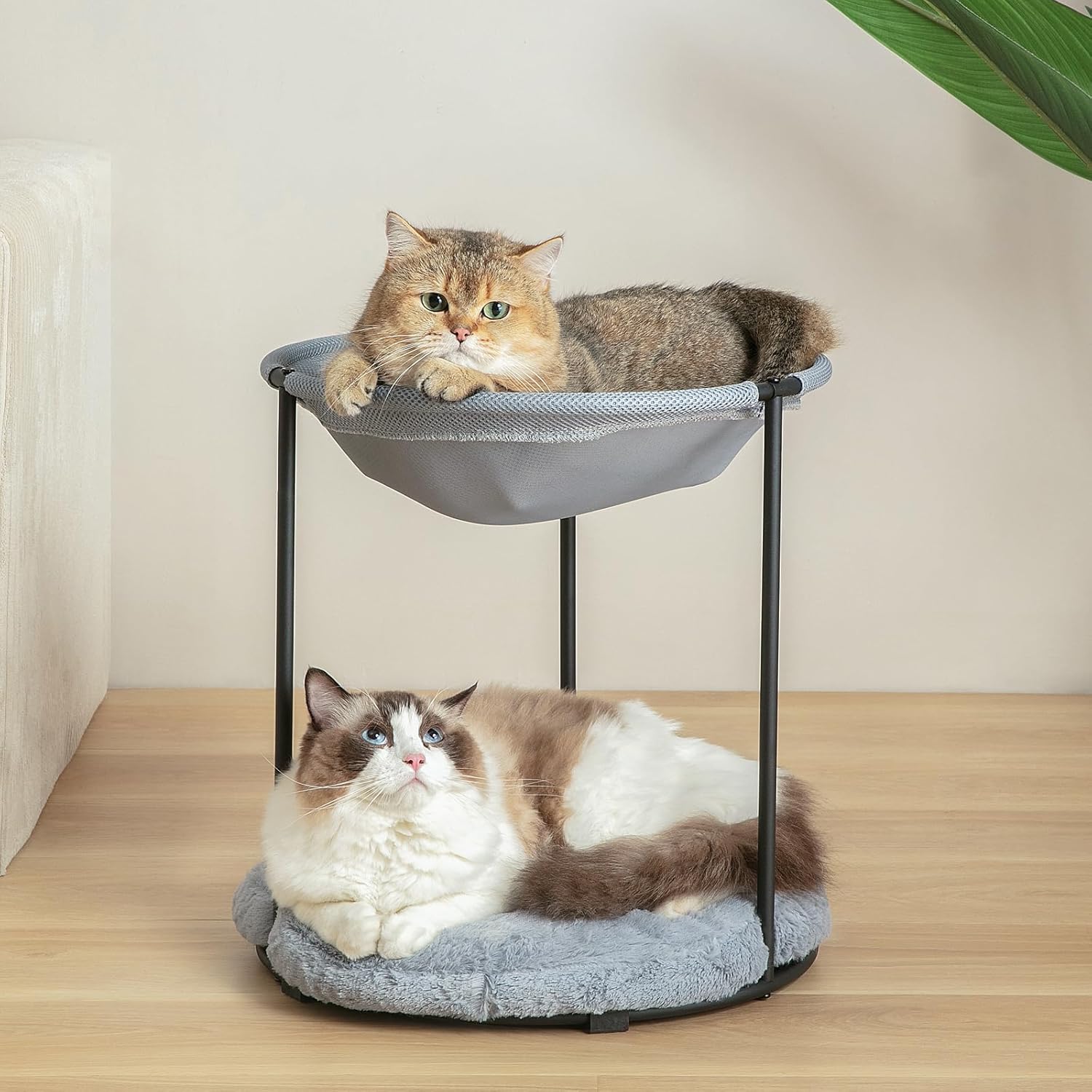 Double Cat Bed for 2 Cats,Breathable Elevated Cat Beds for Indoor Cats,Round Fluffy Plush Cat Beds,18 x φ16.5 Inch Cat Hammock Machine Washable,Easy Assembly Cat Hammock for Multi-cat Household