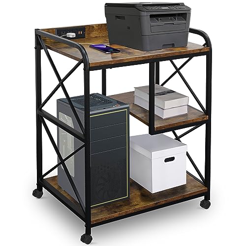 Printer Stand, Printer Table with Storage for Home Office, 23 x 18 Inch Large Printer Stand with Storage Power Outlet USB Port, Printer Cart, PC Tower Stand, Home Printer Stand, Black