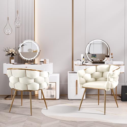 OUYESSIR Accent Chairs Modern Velvet Living Room Chairs Arm Chair Comfy Makeup Stool Upholstered Single Sofa Vanity Stool with Golden Metal Legs, Blue