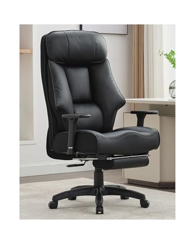 Big and Tall Office Chair 400lbs, Executive Office Chair with Foot Rest, High Back Office Chair with Back Support, Oversized Office Chair for Heavy People, Leather Office Chair White