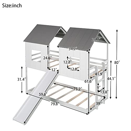 Merax Twin over Full House Bunk Bed with Built-in Ladder, Twin Wooden Bed Frame with Roof, Bunk Bed for Teens, Boys and Girls, Grey