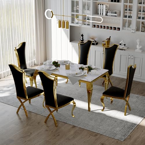 7 Piece Dining Table Set with Gorgeous Cabriole Legs for 6, White and Gold Dining Room Table Set with 63 inch Dining Table and 6 White Leather Dining Chairs