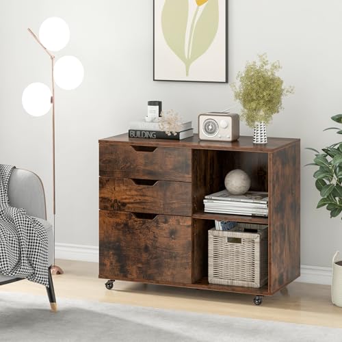 LOKO 3-Drawer File Cabinet, Mobile Printer Stand Cabinet with Adjustable Shelf, Rolling Lateral Filing Cabinet with Wheels for Letter, A4, Legal Size, for Home Office Organization (Black)