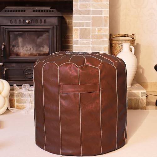 Unstuffed Round Faux Leather Pouf Cover, Multipurpose Ottoman, 19.5”x17.5” Elegant Storage Footrest DIY Bean Bag Chair,Versatile Home Accessory (Dark Brown)
