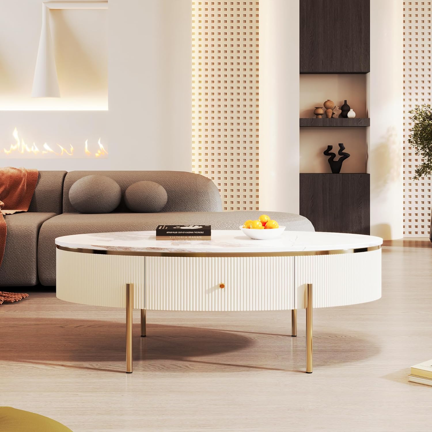 Modern Oval Coffee Table with 2 Large Drawers Storage Accent Table