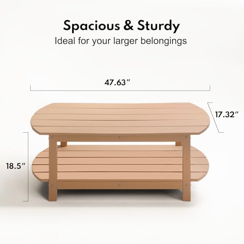HDPE Outdoor Coffee Table, Curved Patio Dining Table with 2-Tier Storage, Weather-Resistant Outdoor Center Table, Rectangular Garden Table for Poolside, Deck, Backyard, Patio Furniture,Wood Beige